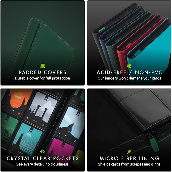 Vault X 12 XL Pocket Trading Card Zip Binder - 624 cards, Premium Exo-Tec Album Material, 26 Side-Loading Pages, Folder for Collectible Card Games, Sports, TCG (Green)