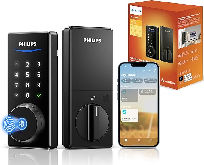 Philips Smart Door Lock with Matter, Keyless Entry Door Lock with App Control, Fingerprint Front Door Lock Set, Matter Over Thread, Touchscreen Keypad Deadbolt Lock with Apple Home, Alexa, Google