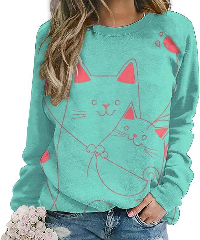 Long Sleeve Shirt Women Fall Cat Print Funny Hide Belly Vacation Plus Size Ladies Hippie Dressy Sweaters
