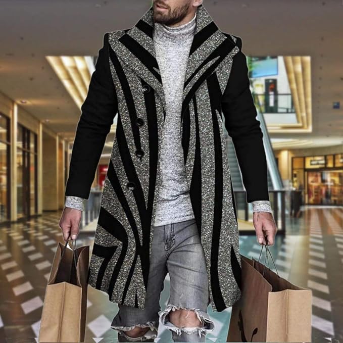 Men's Plaid Long Trench Coat Mid - Length Lapel Collar Button Down Warm Overcoat for Winter & Autumn Fashion