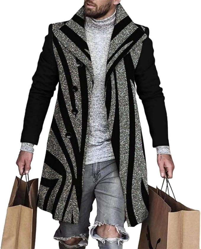 Men's Plaid Long Trench Coat Mid - Length Lapel Collar Button Down Warm Overcoat for Winter & Autumn Fashion