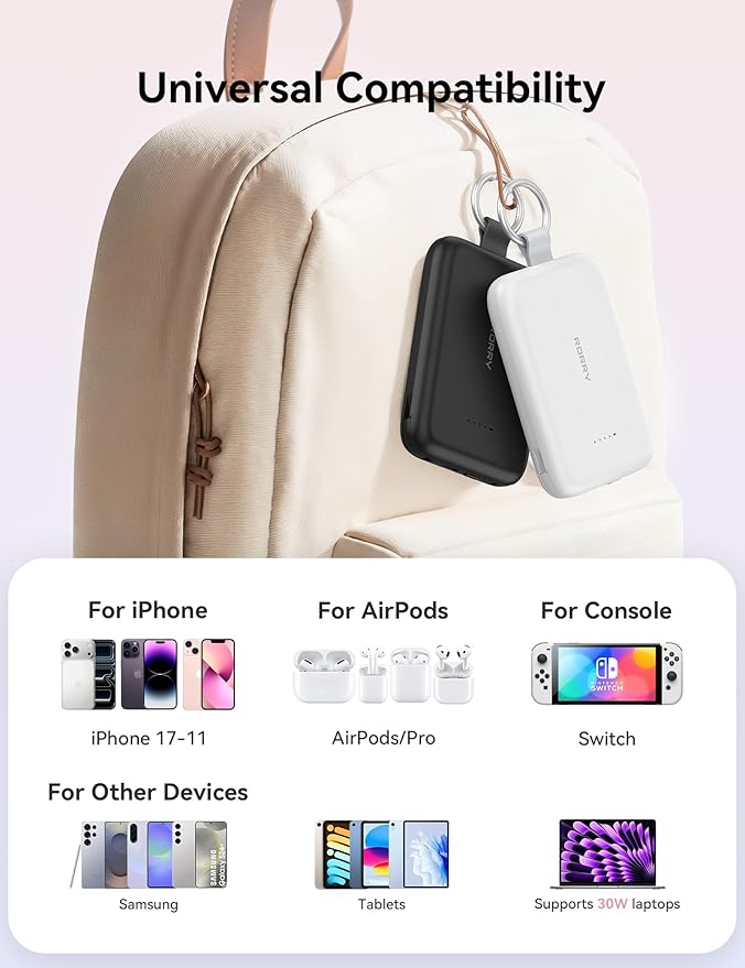 RORRY Portable Charger, 10000mAh PD 30W Fast Charging Portable Charger Power Bank with Built-in Cables, Travel Keychain Charger Battery Pack for iPhone 17/16/15/14/13/12, for AirPods 2/3/4/Pro, Blue