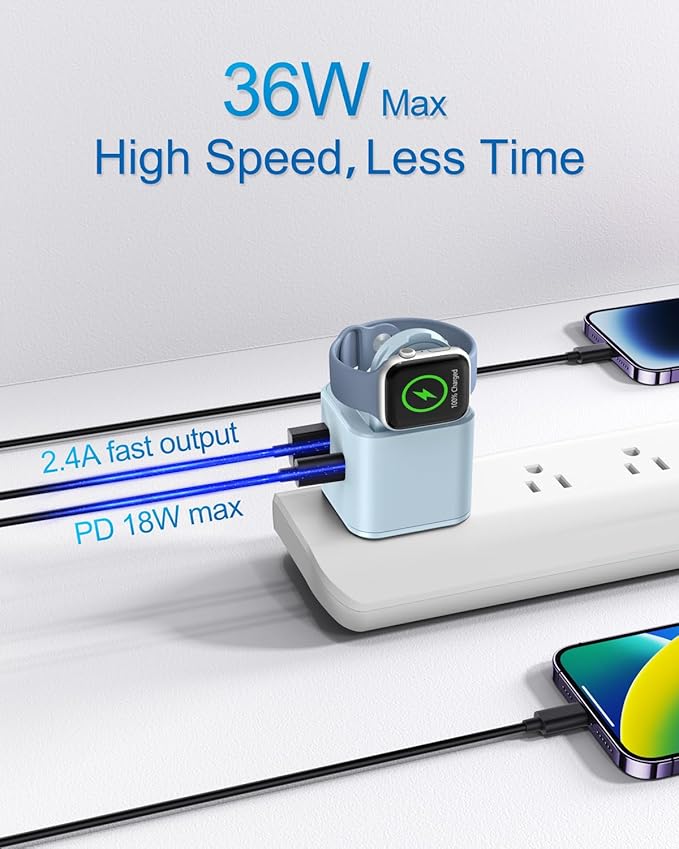 36W for Apple Charging Block with Built-in Watch Charger, Foldable PD Fast Charger Block for iPhone, Dual Ports Wall Charger Compatible with Apple Watch iPhone AirPods(Blue)