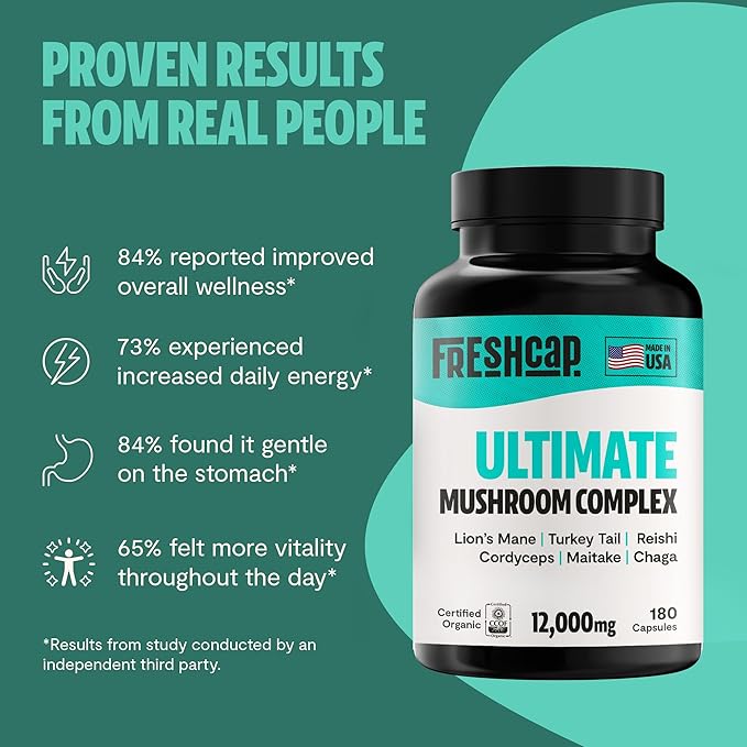 FreshCap Ultimate Mushroom Supplement 12,000mg - Nootropic Complex Capsules, Organic Mushrooms Immune Support, Brain Supplements for Memory and Focus, Ayurveda Nootropic (180 Capsules)