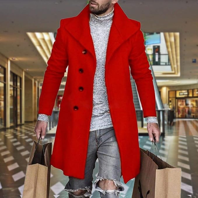 Men's Plaid Long Trench Coat Mid - Length Lapel Collar Button Down Warm Overcoat for Winter & Autumn Fashion