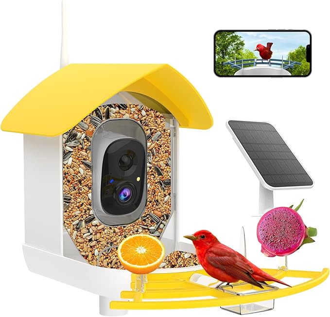 Smart Bird Feeder with Camera, Birds AI Identify, Motion Detection with Real-Time Notice, WiFi FHD Bird Camera, Auto Capture, Solar Powered Outdoor Charging Bird House, IP65 Waterproof,Yellow