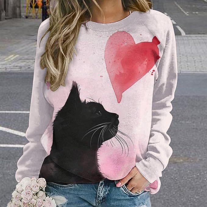 Long Sleeve Shirt Women Fall Cat Print Funny Hide Belly Vacation Plus Size Ladies Hippie Dressy Sweaters