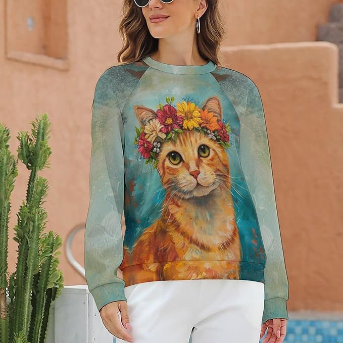 Sweatshirt for Women Cat Print Fashion Funny Plus Size Ladies Dressy Crewneck Casual Trendy Tee Shirts