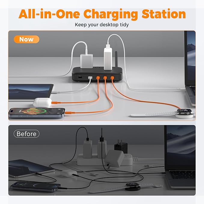 PD 130W Charging Station for Multiple Devices, TESSAN 8-in-1 USB C Charger Block Compatible with iPhone 17/16/15, MacBook, Tablet, Charging Dock with 3 USB-C, 2 USB-A & 3 AC, Home Office Accessories