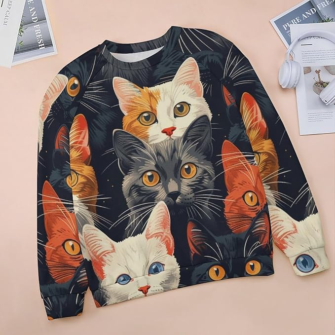 Fall Sweaters for Women 2024 Cat Print Long Sleeve Casual Crewneck Warm Fall Pullover Comfy Fashion Sweatshirts