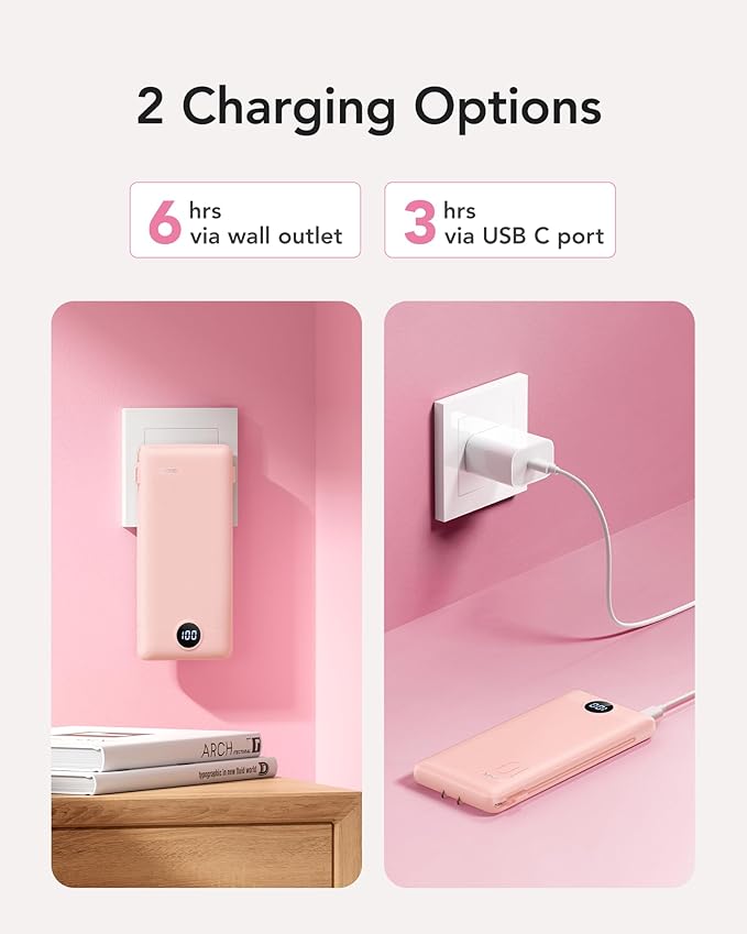 VRURC Portable Charger Power Bank with Wall Plug, 10000mAh Portable Charger with Built in Cables, PD 20W Fast Charging Portable Charger with Cords External Charger Travel Accessories-Pink(1 Pack)