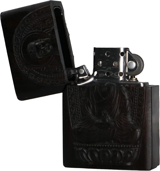 Natural Ebony Black Wood Carved Lighter Shell Box For Zippo Module (Protector Deity/Sakyamuni Tathagata Buddha)
