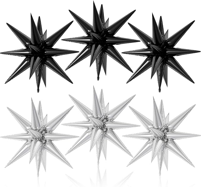 6PCS Black Silver Star Balloons, 22Inch Large Star Balloon Explosion Foil Balloons Cone Spike Balloon for Birthday Graduation Wedding Halloween New Year Party Decorations