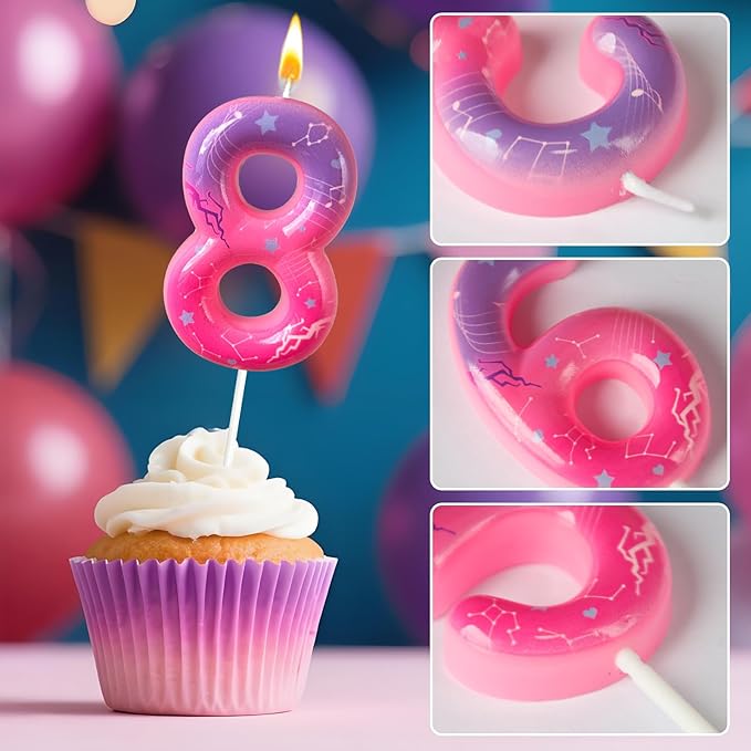 Lurevian K-pop Pink Purple Number Birthday Candle – Trendy Cake Decoration for Themed Parties, Sparkly Gradient Cake Topper for Girls Birthday Party Decoration for Teens（Number 8）