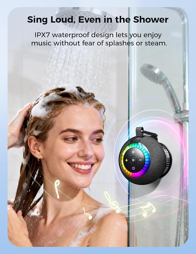 Shower Speaker Bluetooth Waterproof Portable: 360° Surround Sound, IPX7 Suction Cup Removable with Vacuum Exhaust Knob, 2 IN1, RGB Lights, BT5.4, TWS, Pool/Beach/Kayak, Gifts for Adults Teens-Black