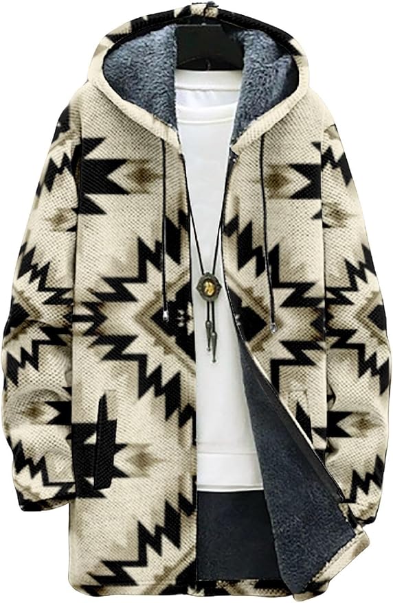 2025 Men's Ethnic Pattern Hooded Jacket Long Cardigan Hoodies Full Zip Vintage Knitted Zipper Coat with Pocket