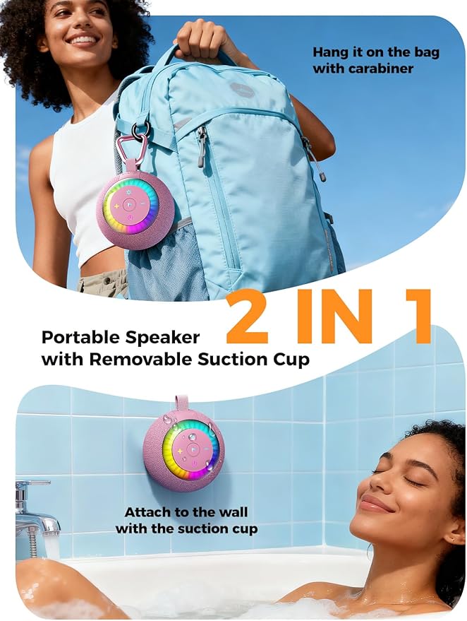 Shower Speaker Bluetooth Waterproof Portable: 360° Surround Sound, IPX7 Suction Cup Removable with Vacuum Exhaust Knob, 2 IN1, RGB Lights, BT5.4, TWS, Pool/Beach/Kayak, Gifts for Adults Teens-Pink