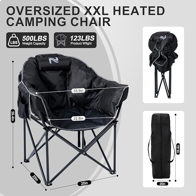 ABORON Heated Camping Chair Oversized, Three Model Portable Heated Folding Chair, Heavy Duty Heated Foldable Chairs Support Up to 500 lbs, Ideal for Outdoor Adventures