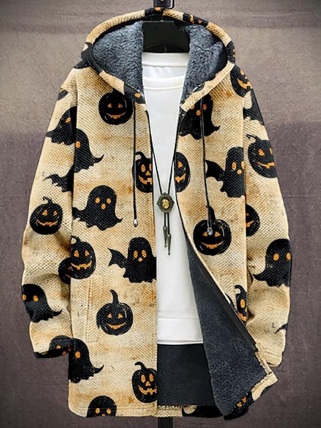 2025 Men's Ethnic Pattern Hooded Jacket Long Cardigan Hoodies Full Zip Vintage Knitted Zipper Coat with Pocket