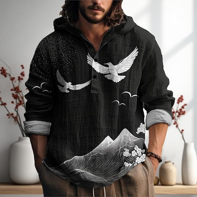 MARSVOVO Mens Japanese Art Long Sleeve Hooded Shirts Lightweight Quarter Button Hoodie Casual Cool Tops for Spring Fall