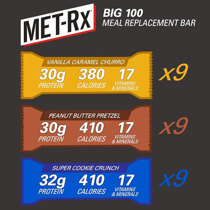 MET-Rx Big 100 Colossal Protein Bars, Healthy Meal Replacement Snack, Variety Pack, 3.52 oz bars, 9 Count (Pack of 3)