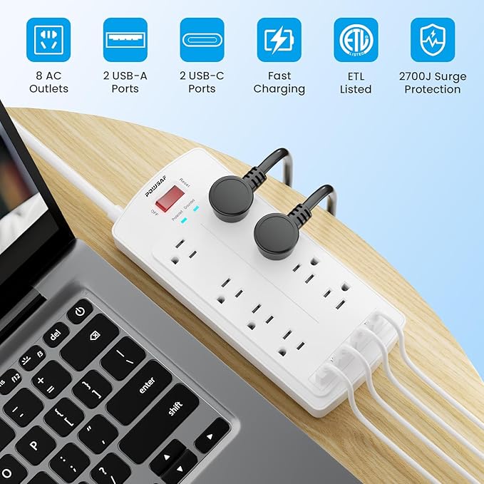 8-Outlet Surge Protector Power Strip, POWSAF 5Ft Flat Plug Extension Cord with 2 USB-C (PD 20W) Fast Charging Ports and 2 USB-A Ports for Home, Office, 2700 Joules, ETL, White