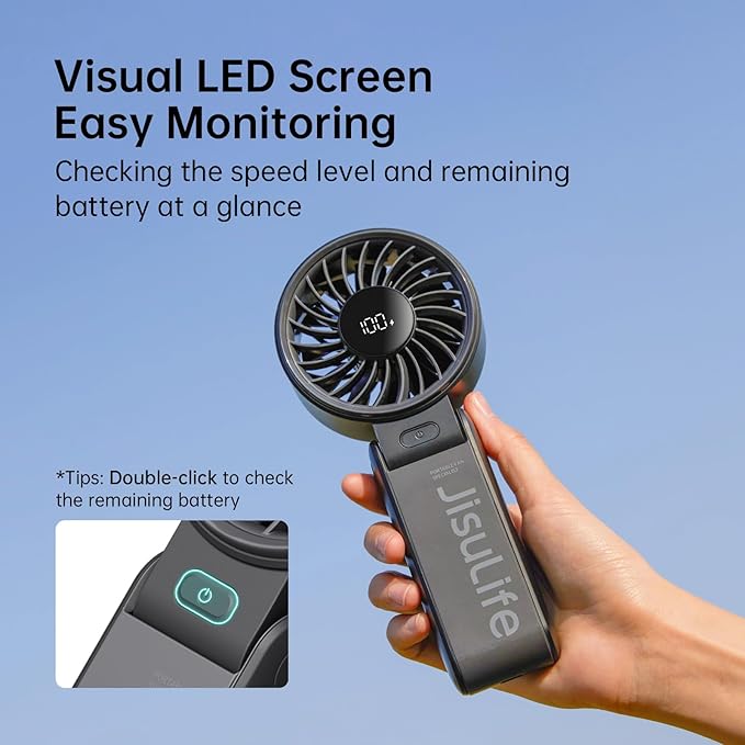 JISULIFE Handheld Fan Life7 – Ultimate Flexibility: High-Power Motor, LED Display, 13 Hrs Cooling, 3600mAh Rechargeable, 5-Speed, Foldable Design, 3-IN-1 Portable Fan for Travel Cruise Beach(Black)