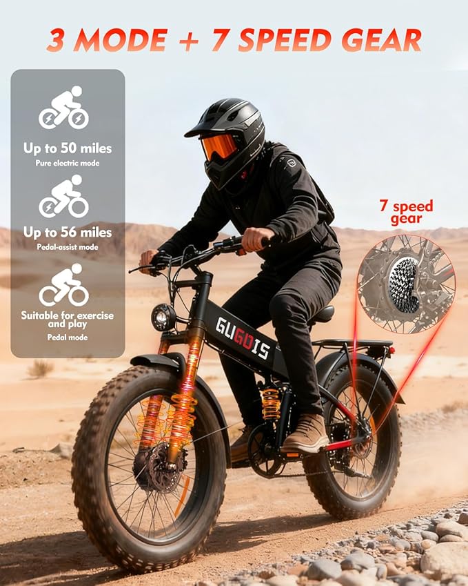 Electric Bike for Adults, 1000W/3000W Peak, 20"-26" Fat Tire Electric Dirt Bike, 48V 15.6Ah/23Ah Battery, Up to 30-35MPH & 45-60 Miles, Full Suspension, Dual Disc Brakes, 7-Speed All-Terrain E-Bike