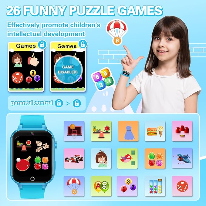 Vakzovy Kids Smart Watch Boys Aged 5-12, HD Touchscreen Kids Watch with 26 Games Video Camera Music Pedometer Audiostory Learn Card Educational Toys Birthday Gifts for Girls Ages 5 6 7 8 9