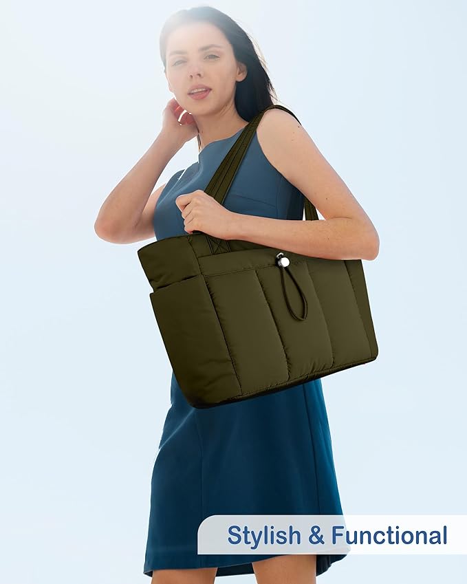 TOPDesign Puffy Tote Bag for Women with Cup Holder & Laptop Compartment & Cosmetic Bag & Trolley Sleeve for Work, Travel