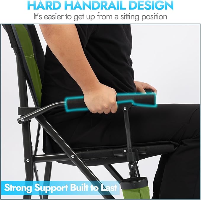 Oversized Folding Camping Chair for Adults, Supports 450 LBS Camping Chairs, Heavy Duty Camping Chair with Side Pockets, Foldable Outdoor Chair for Camping, Beach, Fishing, Hiking, Green-Black