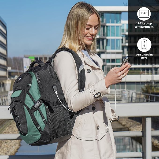 Swissdigital Design Laptop Backpack with USB Charging Port, Travel Backpack Fits 15.6 inches Computer, 31L College School Backpack for Men, Lake Green/Black | SD803-27