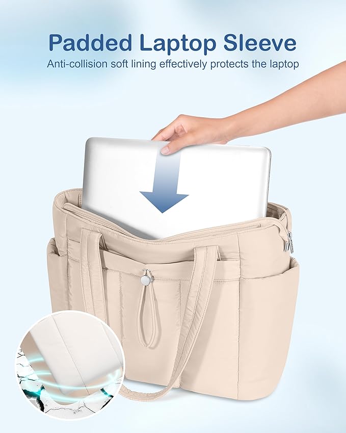 TOPDesign Puffy Tote Bag for Women with Cup Holder & Laptop Compartment & Cosmetic Bag & Trolley Sleeve for Work, Travel