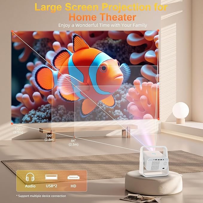 Smart Projector with WiFi and Bluetooth, Built-in Apps, Electric Focus & Auto Keystone Portable Outdoor Projecor, Native 1080P Projector 4K Support, Movie Projector for Home Theater (25000LM）