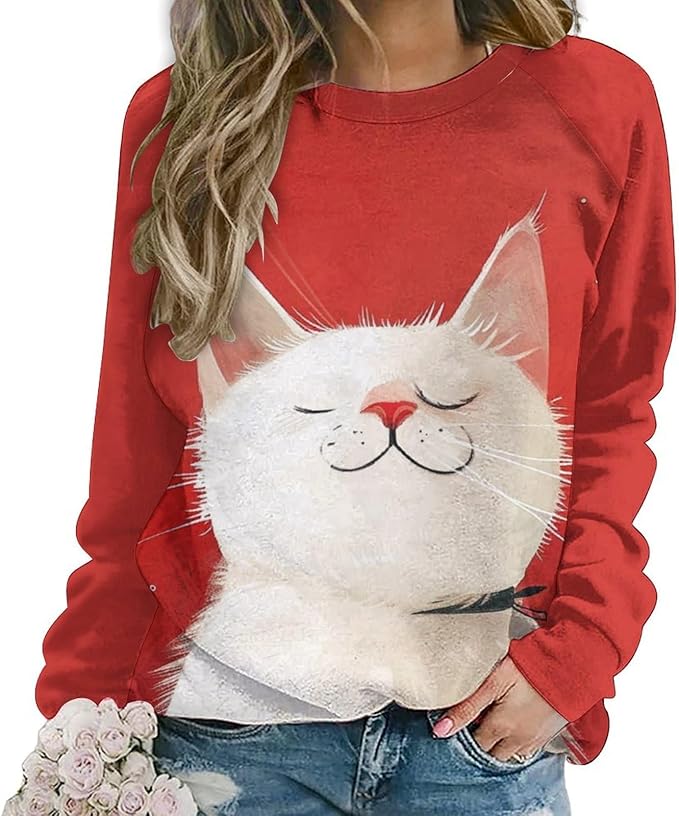 Long Sleeve Shirts for Women Cat Printed Fall Winter Dressy Holiday Casual Fashion Crewneck Tunic Tee Shirts