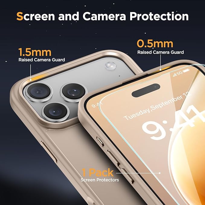 Miracase Magnetic for iPhone 17 Pro Case 6.3" with Screen Protector, [Compatible with MagSafe] Military-Grade Protection, Anti-Fingerprint, Slim Thin Phone Case for 17 Pro Cover, Glod Gold