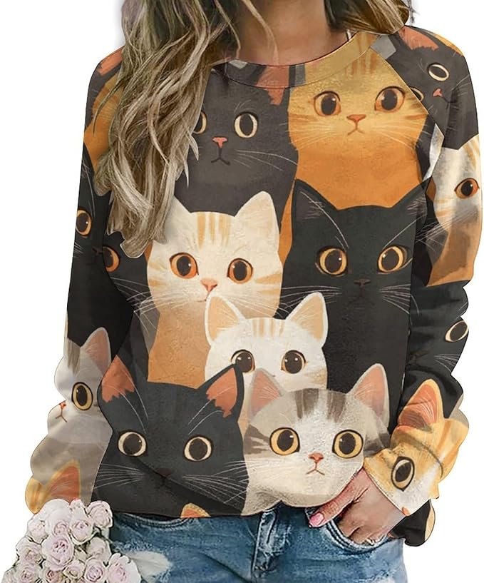 Fall Sweaters for Women 2024 Cat Print Long Sleeve Casual Crewneck Warm Fall Pullover Comfy Fashion Sweatshirts