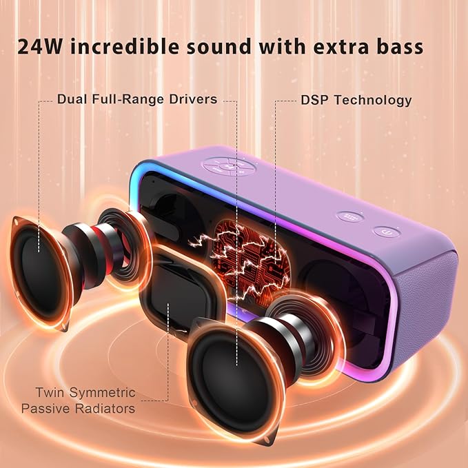 DOSS SoundBox Pro+ Bluetooth Speaker, Immersive 24W Stereo Sound with Booming Bass, IPX6 Waterproof, 15H Playtime, Mixed Colors Lights, Wireless for Backyard, Hiking, Garage, Party-Purple