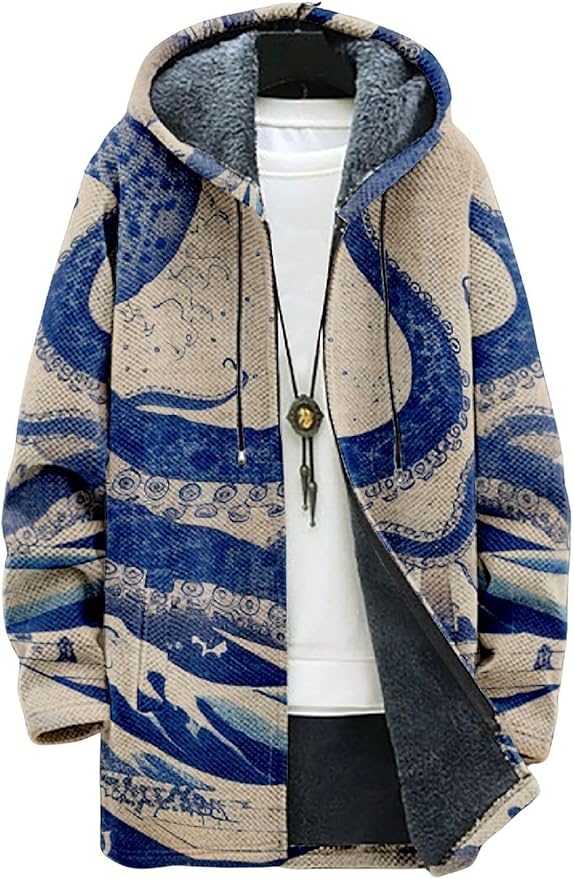2025 Men's Ethnic Pattern Hooded Jacket Long Cardigan Hoodies Full Zip Vintage Knitted Zipper Coat with Pocket