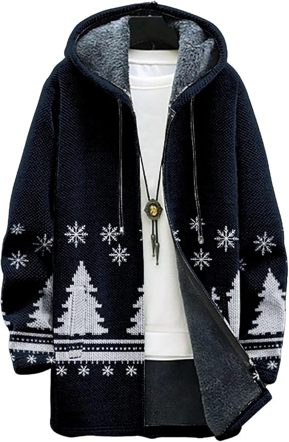 2025 Men's Ethnic Pattern Hooded Jacket Long Cardigan Hoodies Full Zip Vintage Knitted Zipper Coat with Pocket