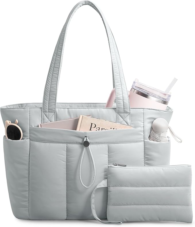 TOPDesign Puffy Tote Bag for Women with Cup Holder & Laptop Compartment & Cosmetic Bag & Trolley Sleeve for Work, Travel