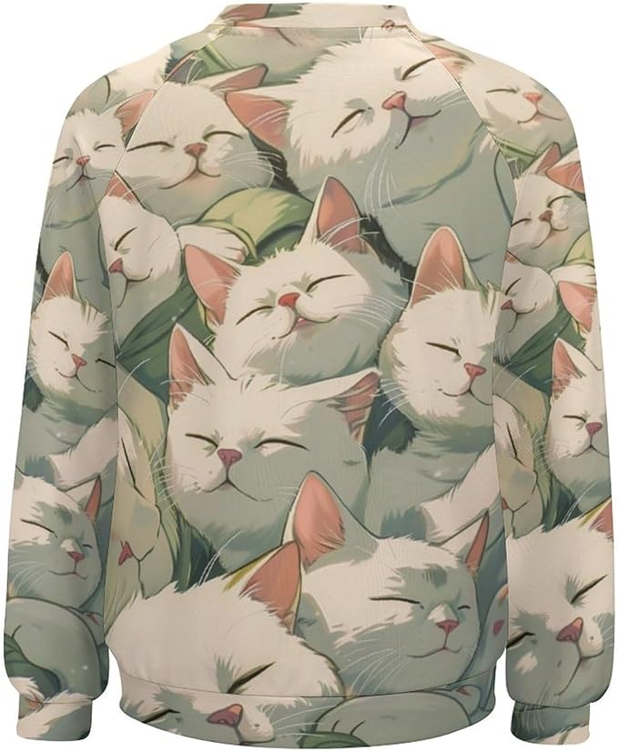 Long Sleeve Shirt Women Fall Cat Print Funny Hide Belly Vacation Plus Size Ladies Hippie Dressy Sweaters