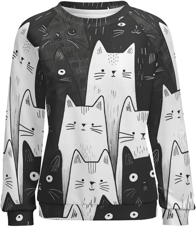 Fall Sweaters for Women 2024 Cat Print Long Sleeve Casual Crewneck Warm Fall Pullover Comfy Fashion Sweatshirts
