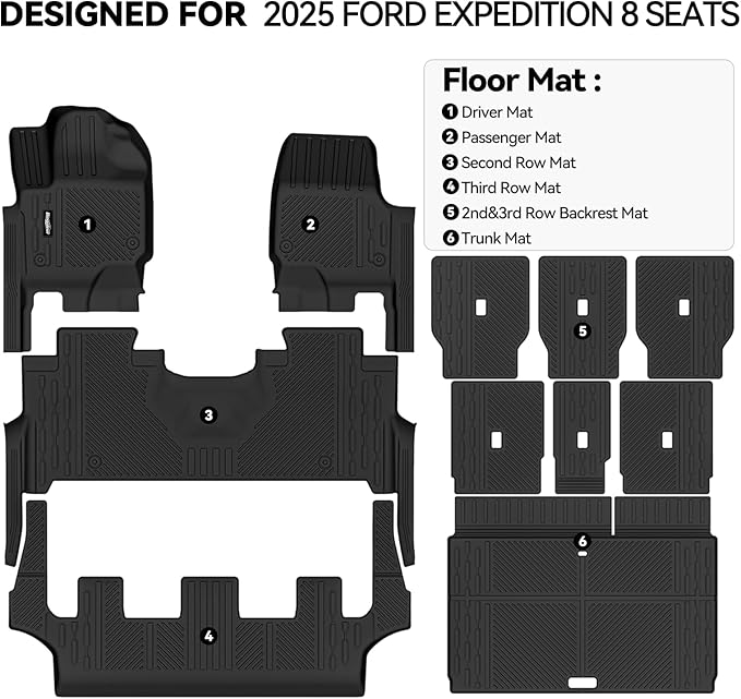 Floor Mats for 2025 Ford Expedition 8 Seats(2 Row Bench Seat), Trunk Mat and Backrest Mat All Weather TPE Protector for Ford Expedition Accessories