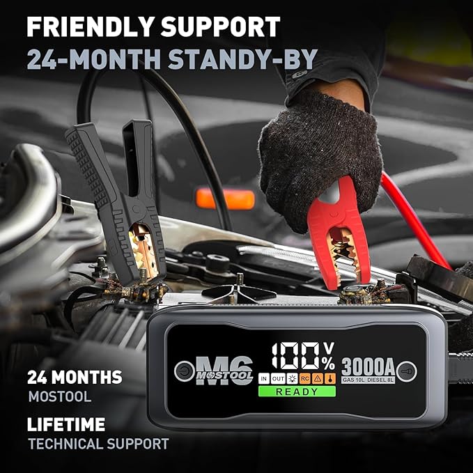 MOSTOOL 3000A Car Jump Starter, 12V Portable Battery Jump Starter with LCD Display, Fits Gas Engines up to 10.0L and Diesel Engines up to 8.0L, Gray