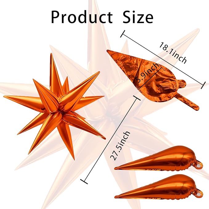60Pcs Orange Star Balloons Foil Explosion Mylar Balloon 12 Point Spike Ballons Metallic Photo Backdrops for Christmas Halloween Thanksgiving Wedding Anniversary Birthday Fall Theme Party Decorations