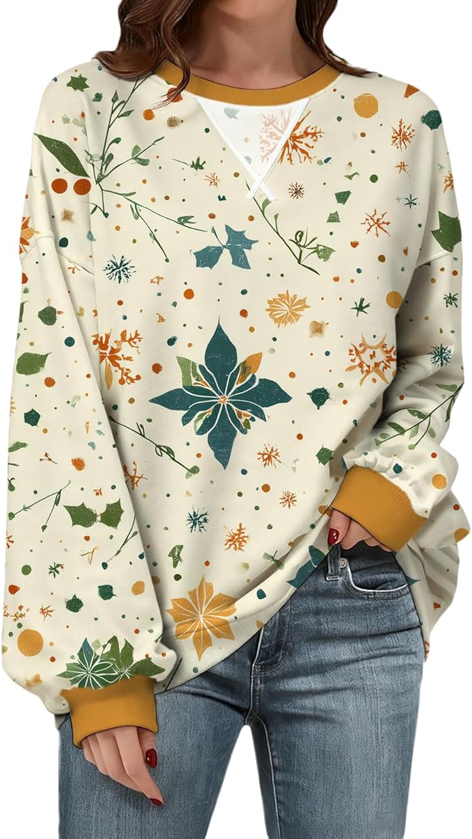 Womens Sweatshirts Fahsion Floral Print Long Sleeve Comfy Fall Tops Oversized Casual Crewneck Pullover Shirts
