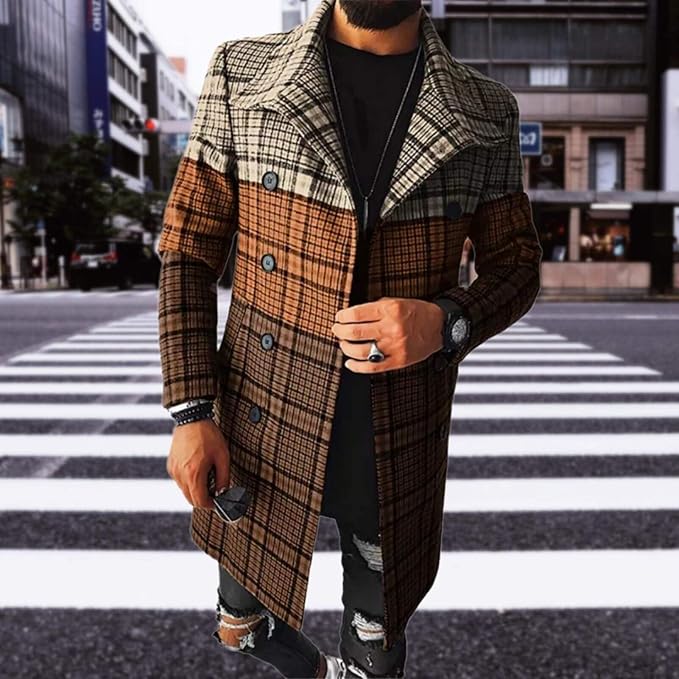 Men's Plaid Long Trench Coat Mid - Length Lapel Collar Button Down Warm Overcoat for Winter & Autumn Fashion
