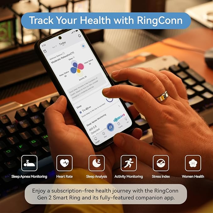 RingConn Gen 2, World’s First Smart Ring with Sleep Apnea Monitoring, No APP Subscription, 12-Day Battery Life, Stress/Heart Rate/Women's Health Tracker, Android & iOS Compatible (Silver, Size 10)