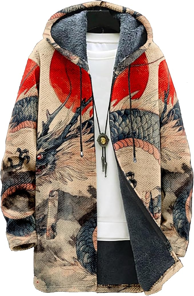 Mens Hooded Cardigan Japanese Art Zip Up Long Sleeve Sweater Hoodie Dragon Print Coat with Pockets